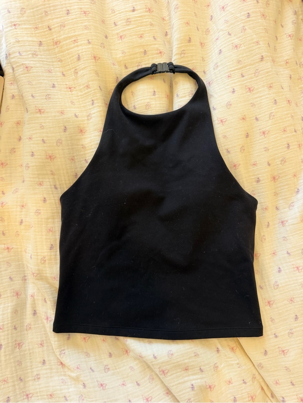 White Fox Boutique Black Halter Crop Top with Buckle Neck